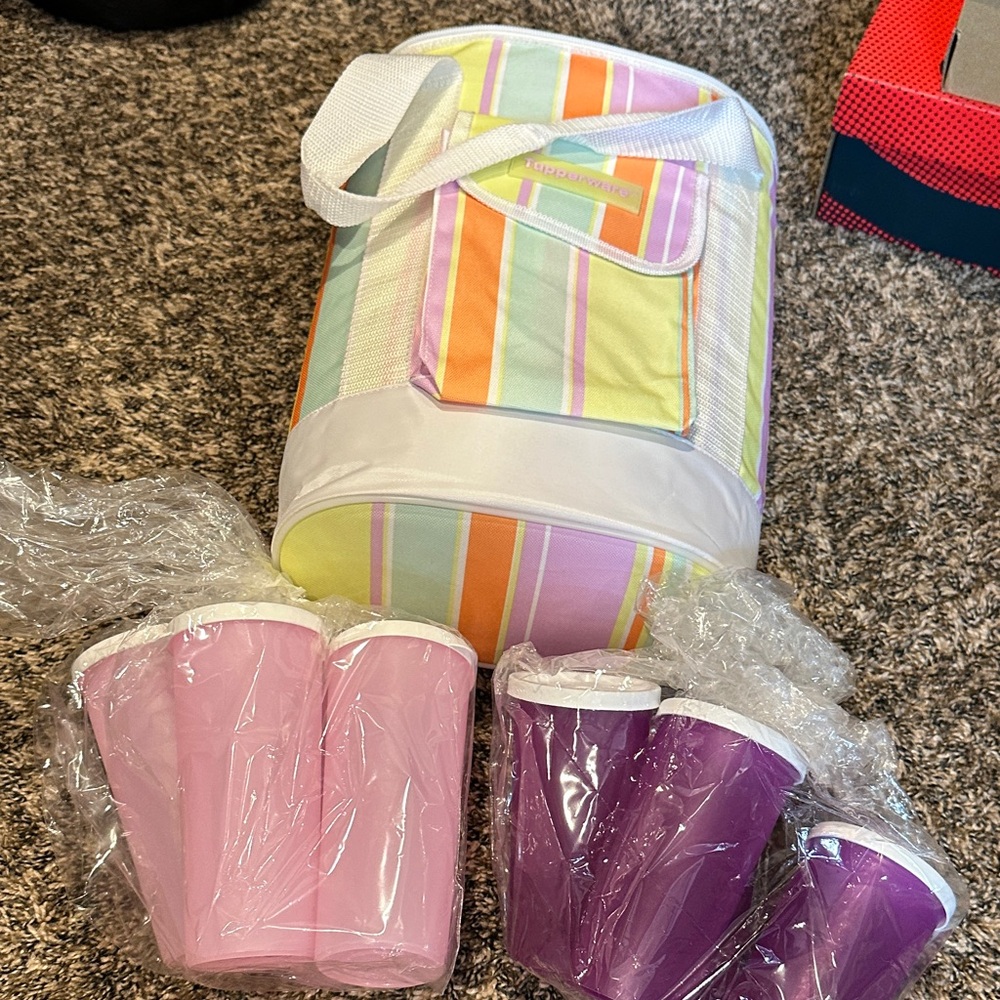 Tupperware Striped Cooler Bag with Pink and Purple Tumblers
